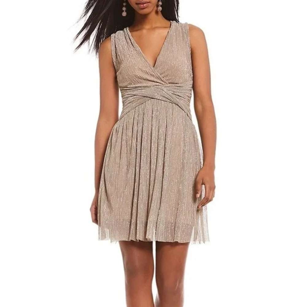 French Connection Gold Metallic Party Dress 10 Glam Holiday Cocktail Shimmer